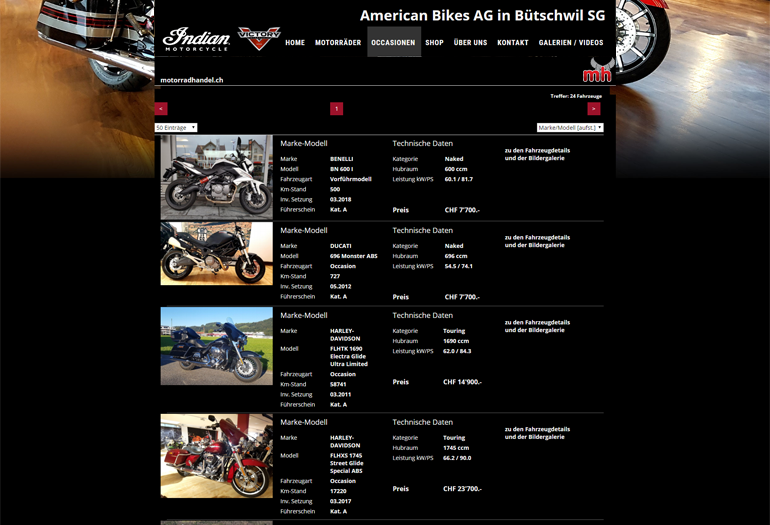 Indian Motorcycles Webseite Desktop Design Occasionen