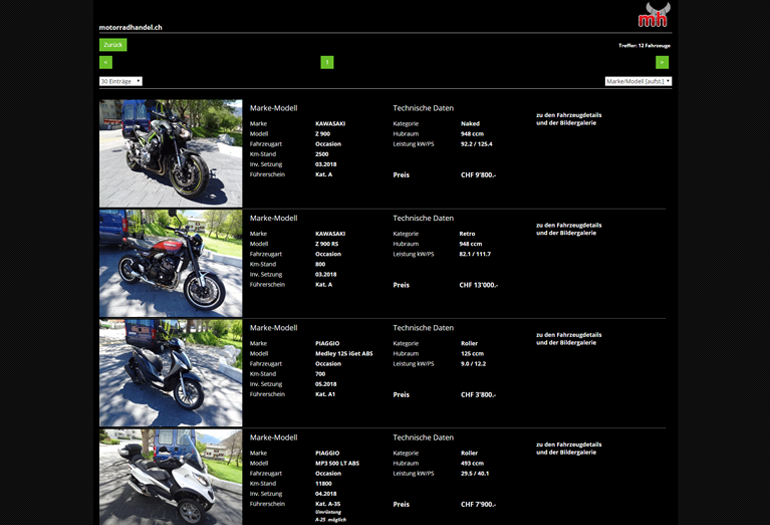Kawasaki Motorrad Webseite Desktop Design Occasionen