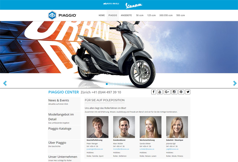 Scooter Piaggio Webseite Desktop Design Mitarbeiter