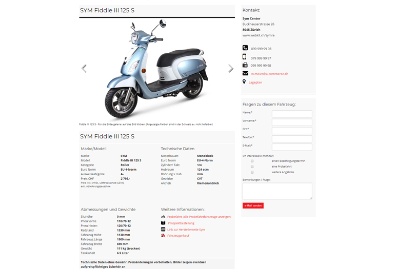 Scooter SYM Webseite Desktop Design Fahrzeugdetails