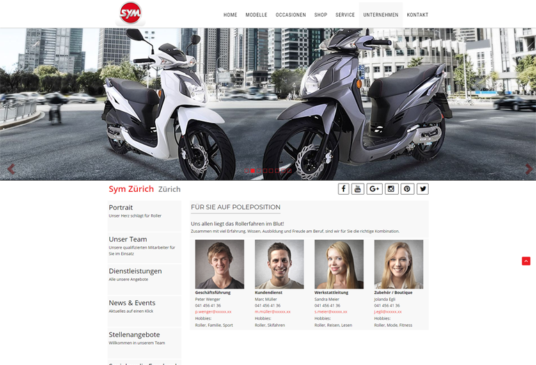 Scooter SYM Webseite Desktop Design Mitarbeiter