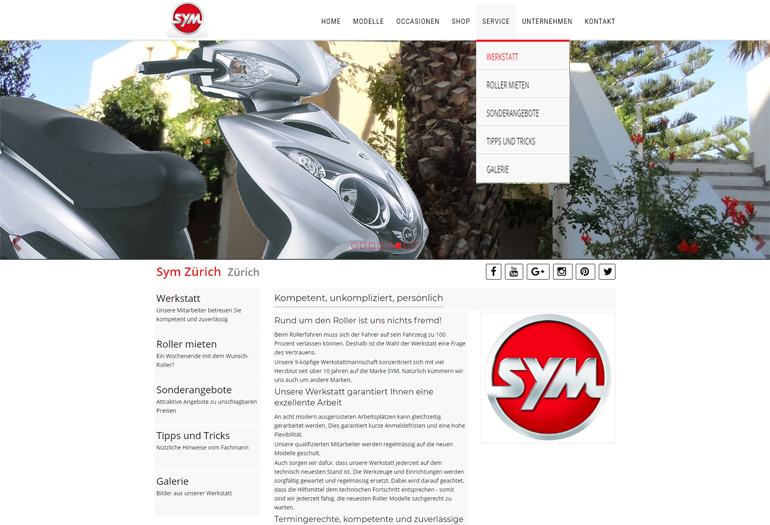 Scooter SYM Webseite Desktop Design Werkstatt