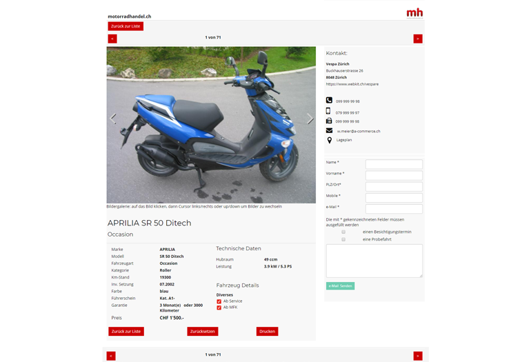 Scooter Vespa Webseite Desktop Design Fahrzeugdetails