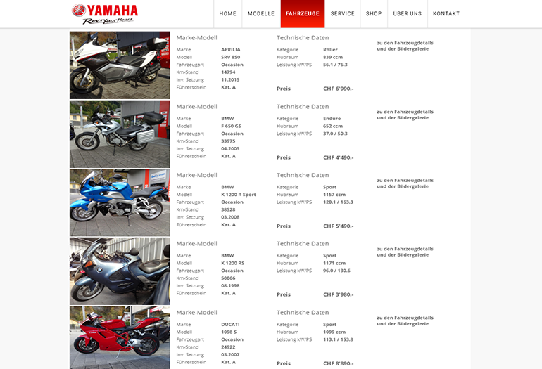 Yamaha Motorrad Webseite Desktop Design Occasionen