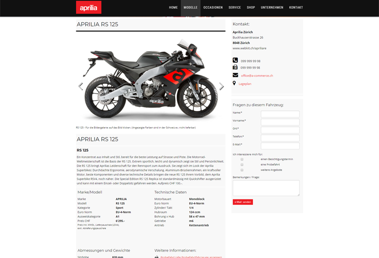 Aprilia Motorrad Webseite Desktop Design Fahrzeugdetails