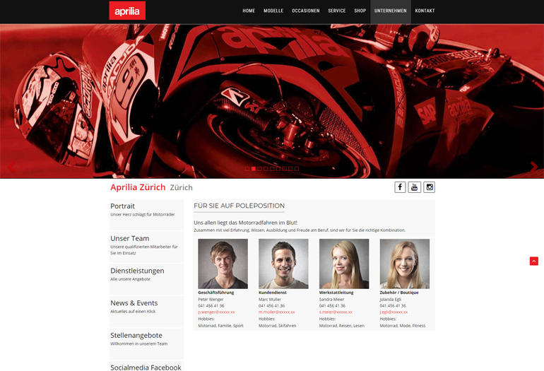 Aprilia Motorrad Webseite Desktop Design Mitarbeiter