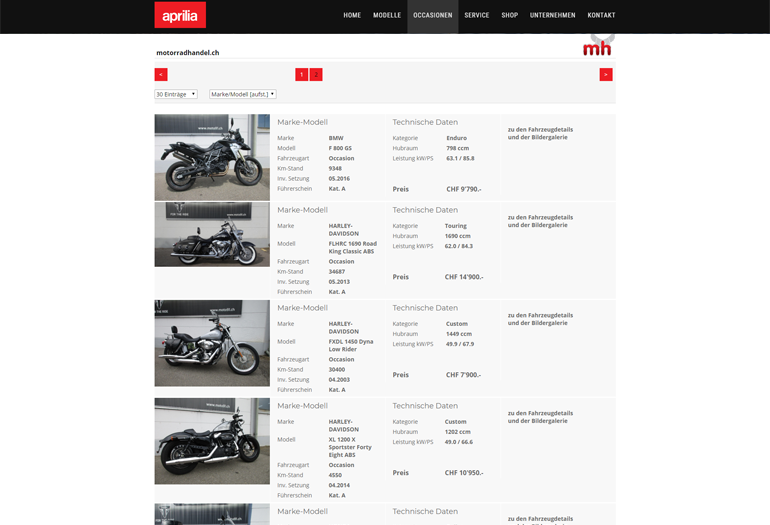 Aprilia Motorrad Webseite Desktop Design Occasionen