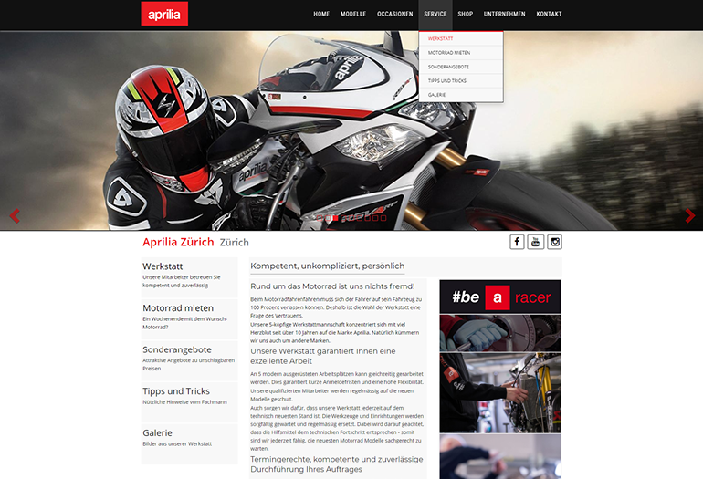 Aprilia Motorrad Webseite Desktop Design Werkstatt