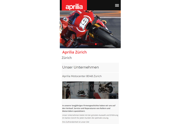 Aprilia Motorrad Webseite Mobile/SmartPhone Design