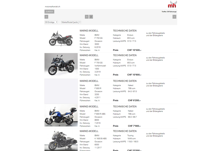 BMW Motorrad Webseite Desktop Design Occasionen