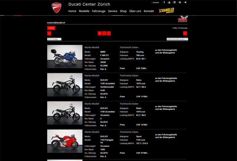 Ducati Motorrad Webseite Desktop Design Occasionen