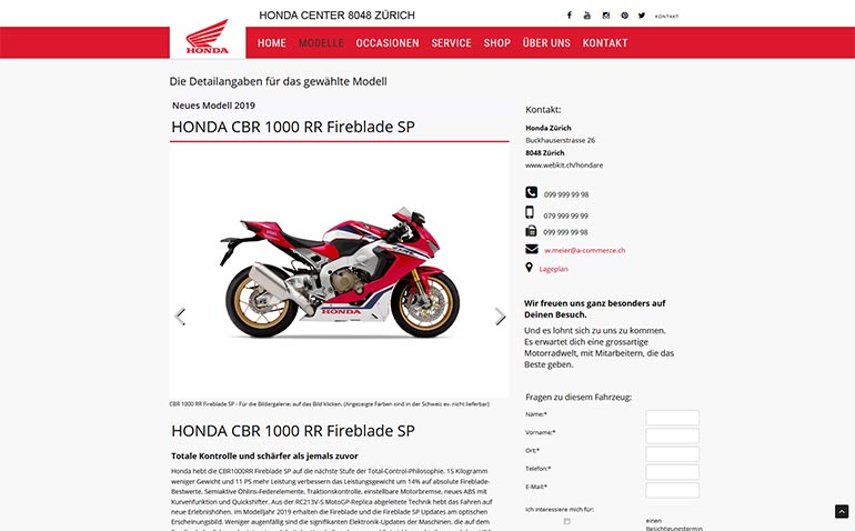 Honda Motorrad Webseite Desktop Design Fahrzeugdetails