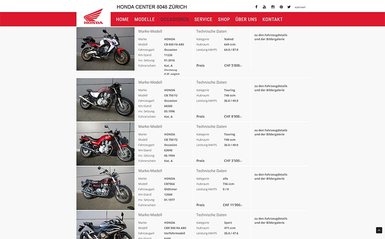 Honda Motorrad Webseite Desktop Design Occasionen