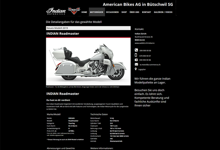 Indian Motorcycles Webseite Desktop Design Fahrzeugdetails