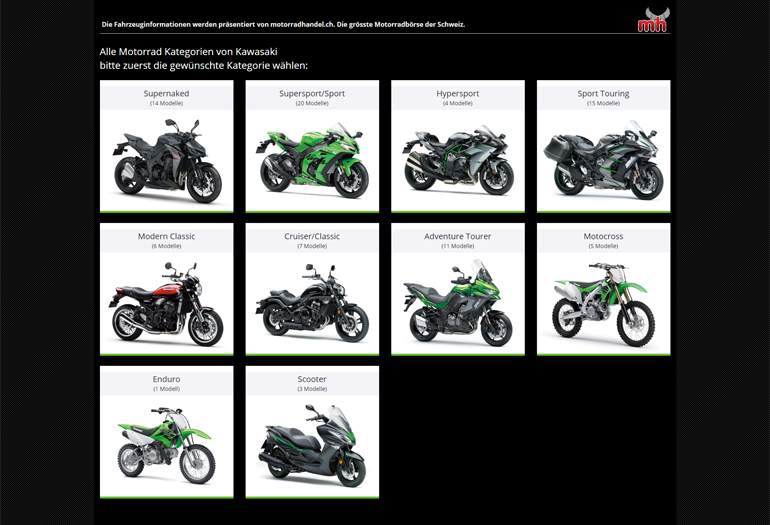 Kawasaki Motorrad Webseite Desktop Design Fahrzeugdetails