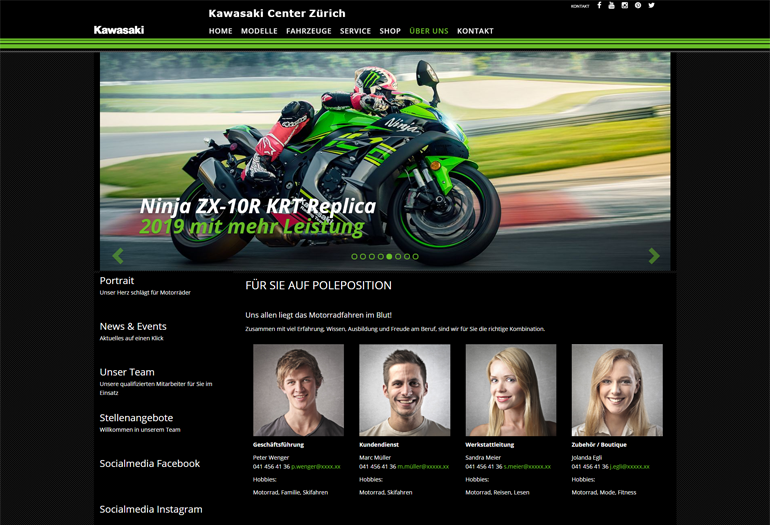 Kawasaki Motorrad Webseite Desktop Design Mitarbeiter