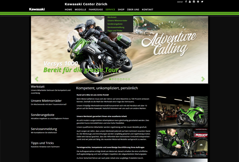 Kawasaki Motorrad Webseite Desktop Design Werkstatt