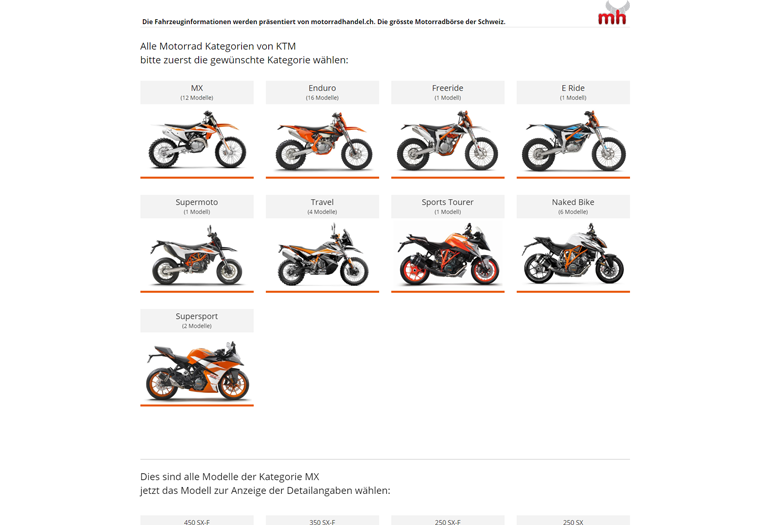 KTM Motorrad Webseite Desktop Design Occasionen