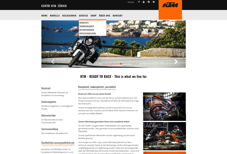 KTM Motorrad Webseite Desktop Design Werkstatt