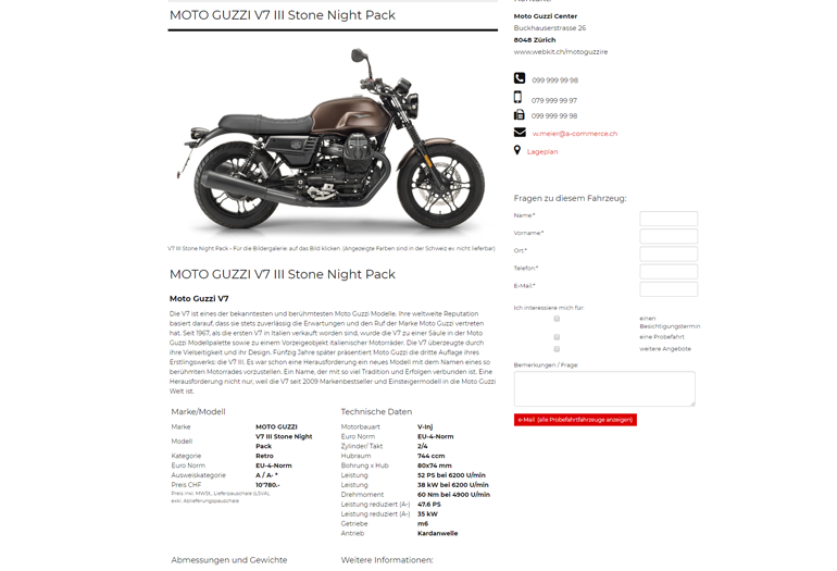 Moto Guzzi Motorrad Webseite Desktop Design Fahrzeugdetails