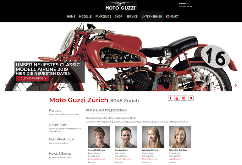 Moto Guzzi Motorrad Webseite Desktop Design Mitarbeiter