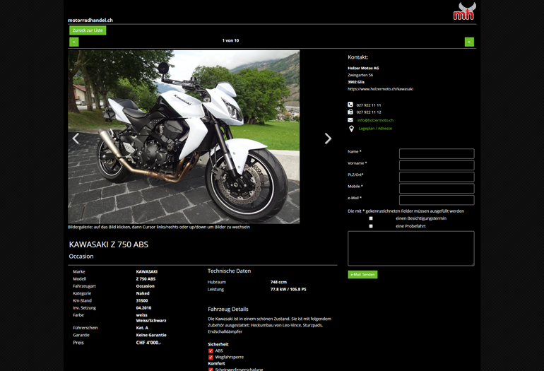 Multimarken (Multisite) Kawasaki Webseite Desktop Design Fahrzeugdetails