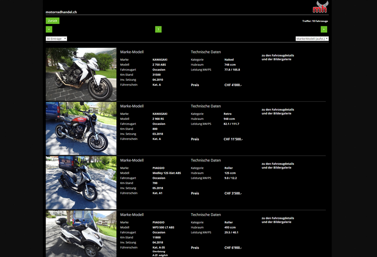 Multimarken (Multisite) Kawasaki Webseite Desktop Design Occasionen