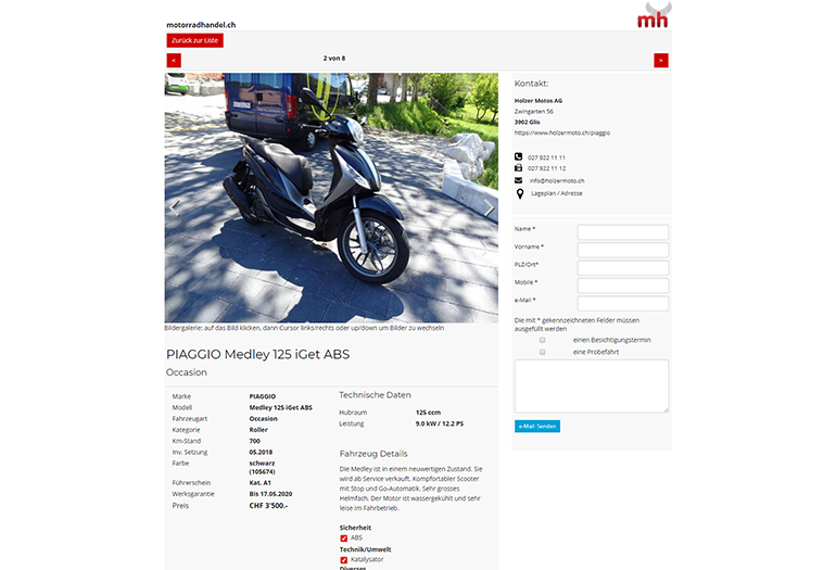 Multimarken (Multisite) Piaggio Webseite Desktop Design Fahrzeugdetails