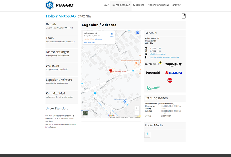Multimarken (Multisite) Piaggio Webseite Desktop Design Lageplan
