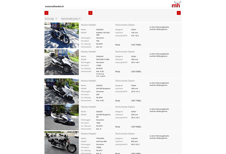 Multimarken (Multisite) Piaggio Webseite Desktop Design Occasionen