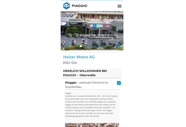 Multimarken (Multisite) Piaggio Webseite Mobile/SmartPhone Design