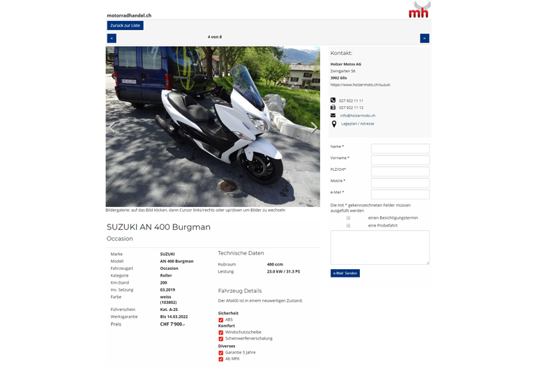 Multimarken (Multisite) Suzuki Webseite Desktop Design Fahrzeugdetails