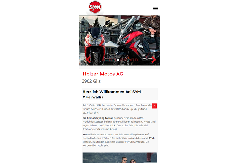 Multimarken (Multisite) SYM Webseite Mobile/SmartPhone Design