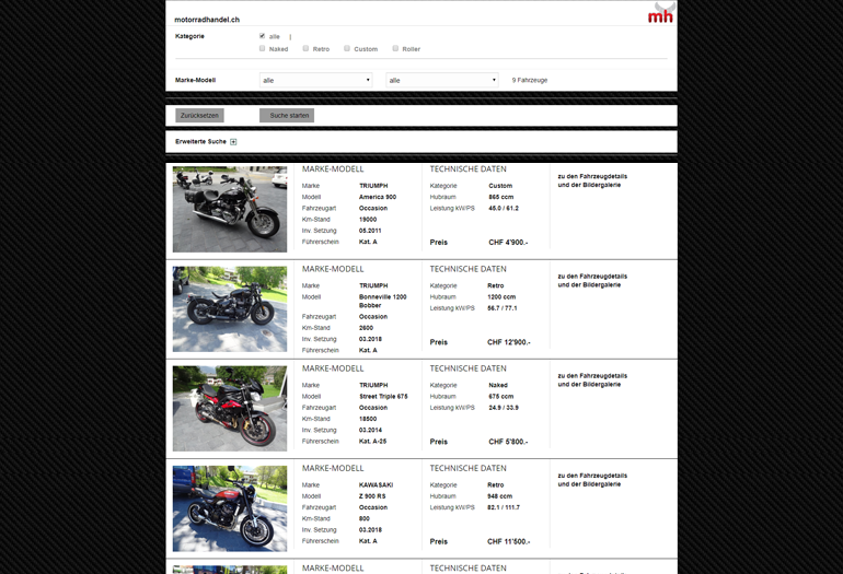 Multimarken (Multisite) Triumph Webseite Desktop Design Occasionen