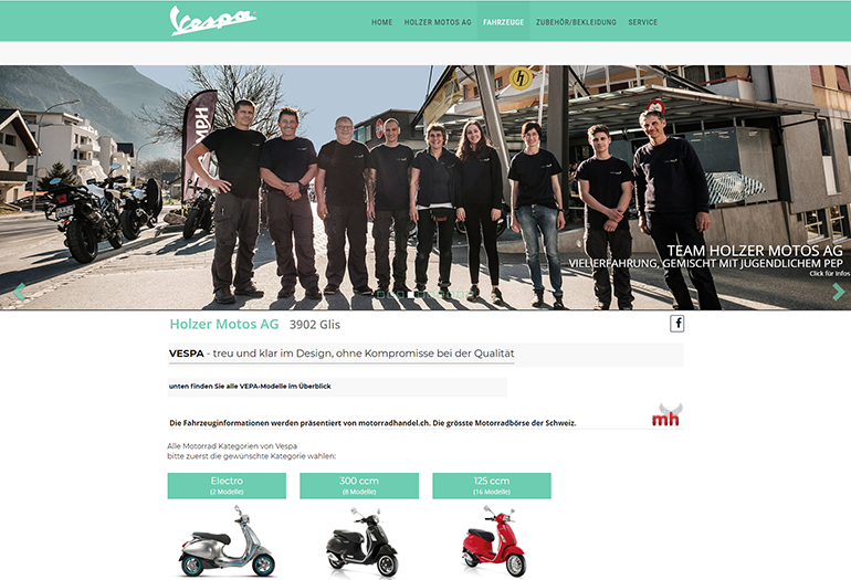 Multimarken (Multisite) Vespa Webseite Desktop Design Mitarbeiter