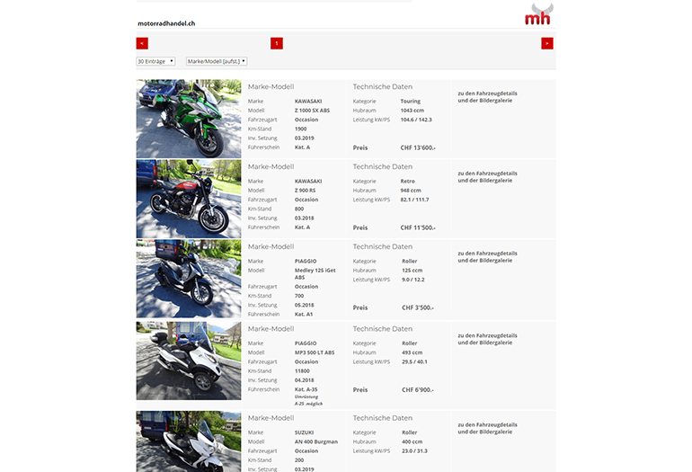 Multimarken (Multisite) Vespa Webseite Desktop Design Occasionen