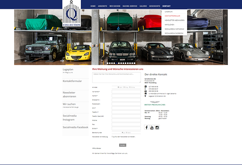 Q Collection Webseite Desktop Design Kontakt