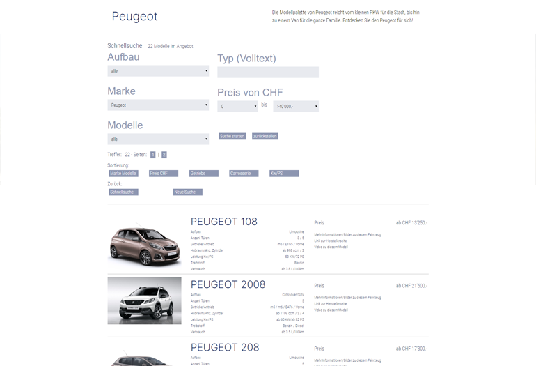 Peugeot Auto Webseite Desktop Design Occasionen