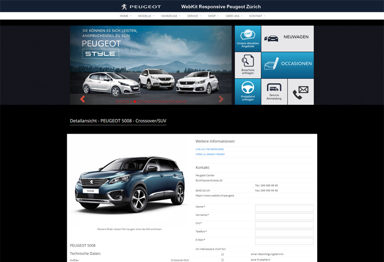 Peugeot Auto Webseite Desktop Design Fahrzeugdetails