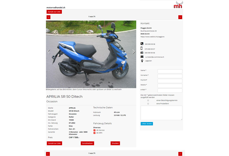 Piaggio Roller Webseite Desktop Design Fahrzeugdetails