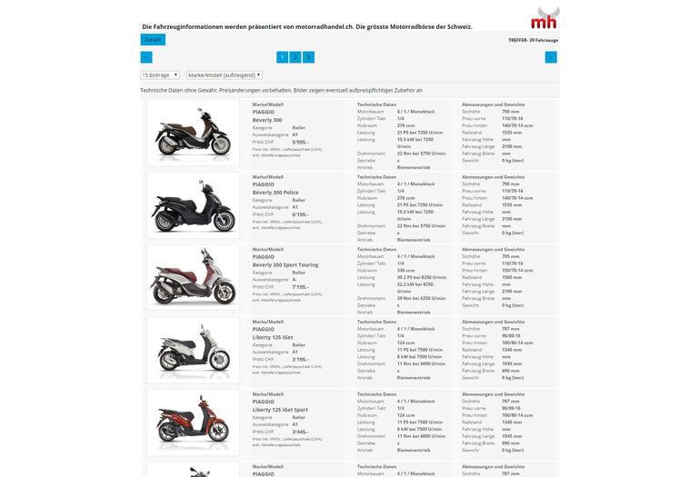 Piaggio Roller Webseite Desktop Design Occasionen