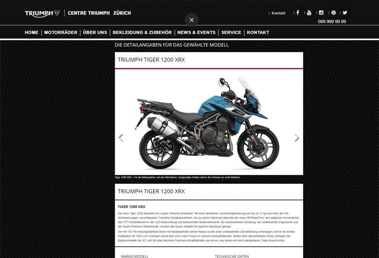 Triumph Motorcycles Webseite Desktop Design Fahrzeugdetails