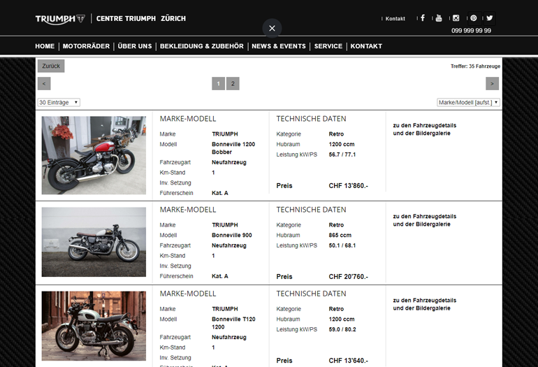 Triumph Motorcycles Webseite Desktop Design Occasionen