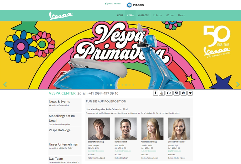 Vespa Roller Webseite Desktop Design Mitarbeiter