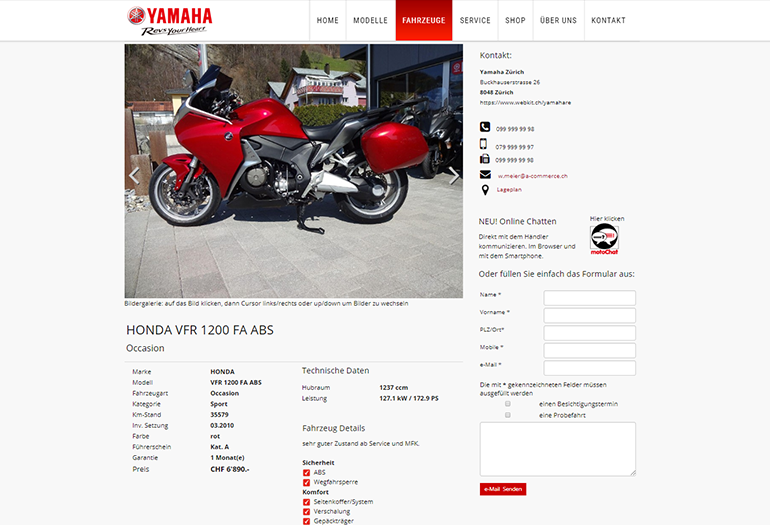 Honda Motorrad Webseite Desktop Design Fahrzeugdetails